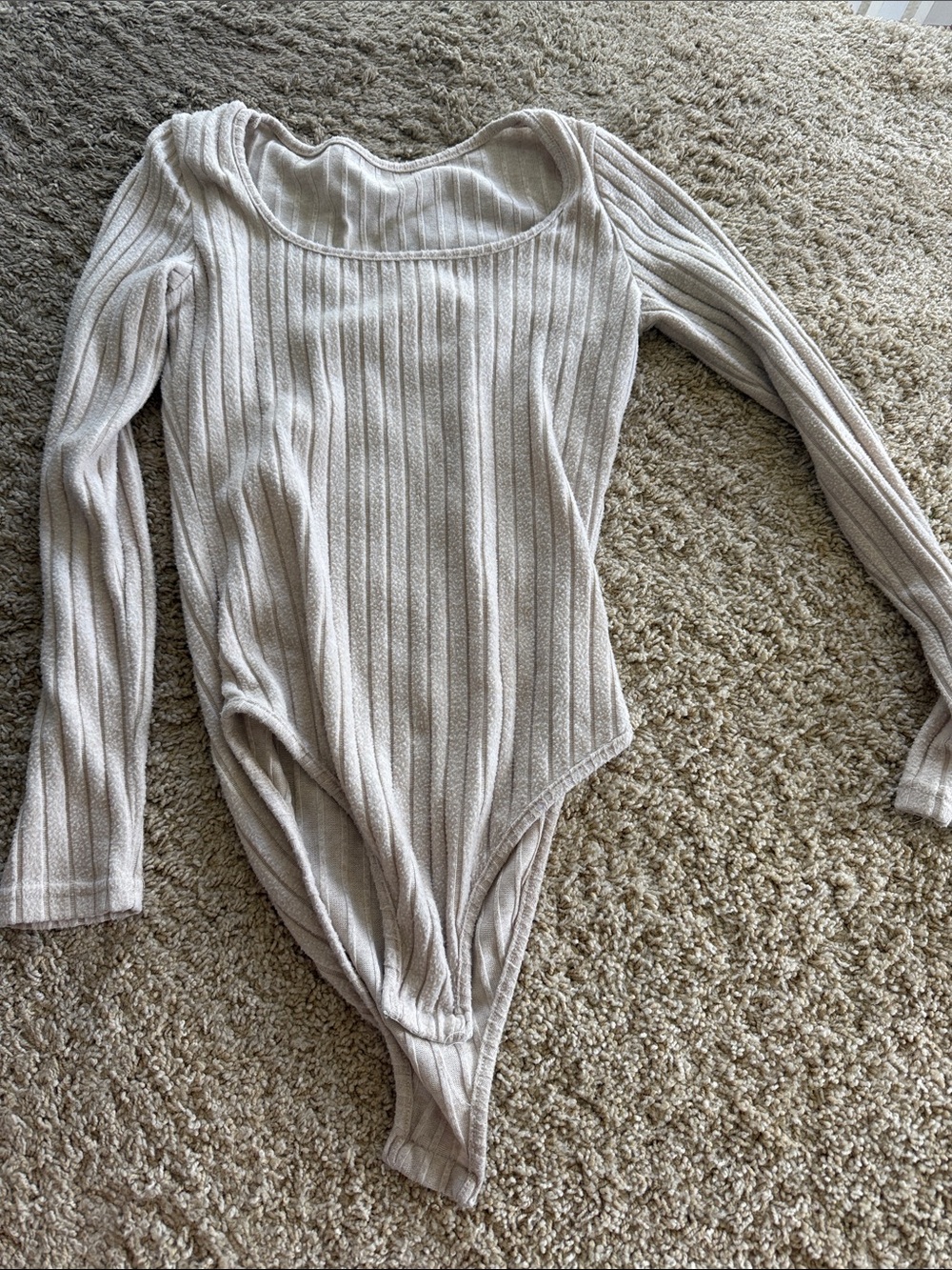Long-Sleeve Ribbed One-Piece Bodysuit in Light Beige